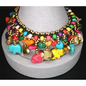 Colorful Elephant & Bead Charm Bracelet 6.5" Handmade With Bells